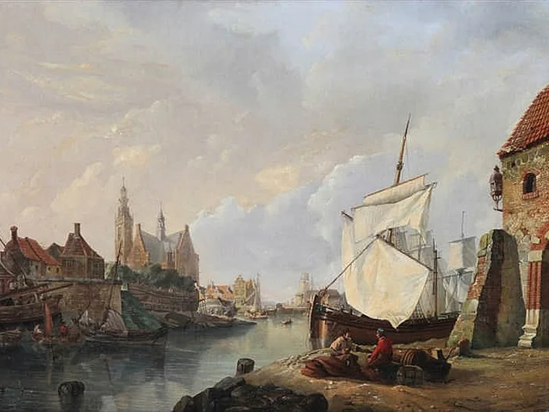 1805-Petrus Augustus Beretta - Veduta animata di una città olandese con pescatori al lavoro